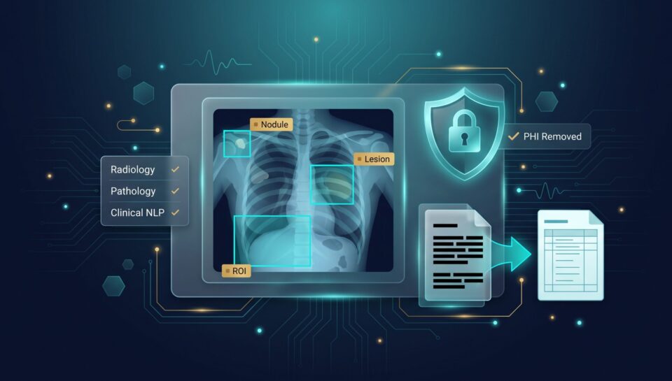 Medical scan with annotated regions of interest, HIPAA shield, and PHI de-identification workflow