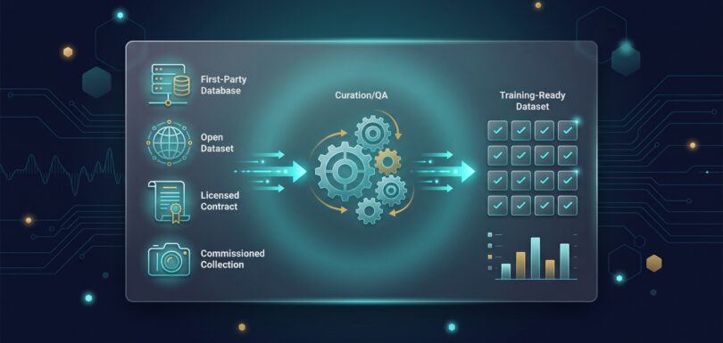 Data-sourcing pipeline diagram showing first-party, open, licensed, and commissioned data sources being curated into training-ready datasets