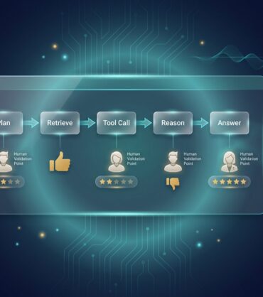 Agent workflow with human reviewer check-points at each step and trajectory quality metrics