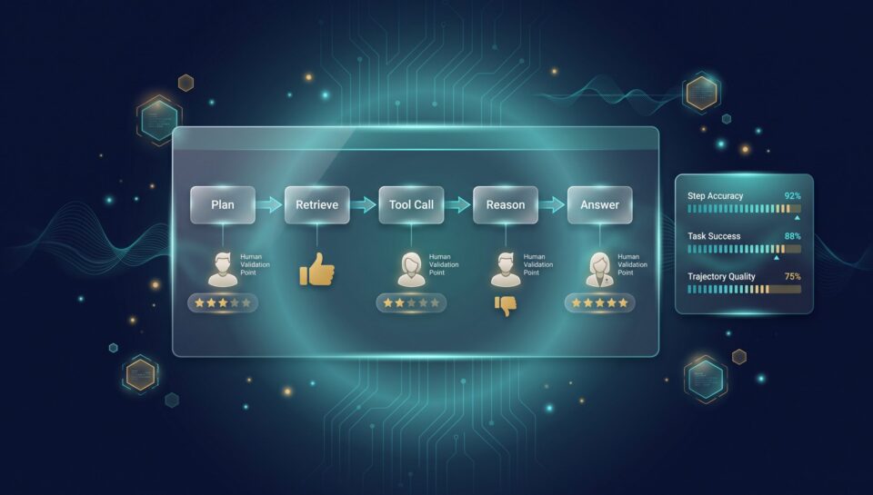 Agent workflow with human reviewer check-points at each step and trajectory quality metrics