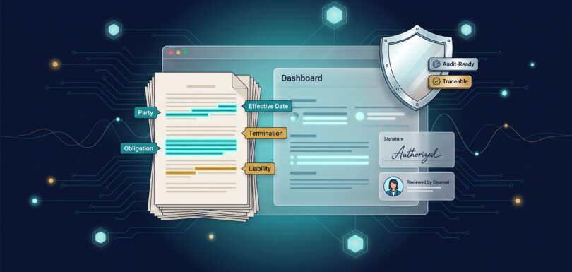 Legal document with annotated clauses (parties, dates, obligations) and audit-ready compliance shield