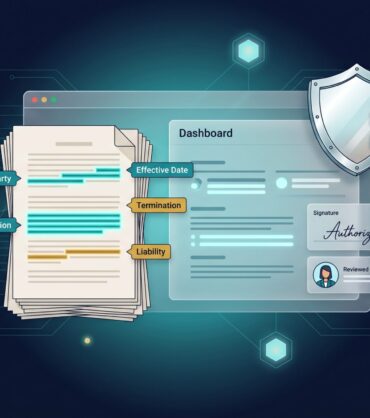 Legal document with annotated clauses (parties, dates, obligations) and audit-ready compliance shield