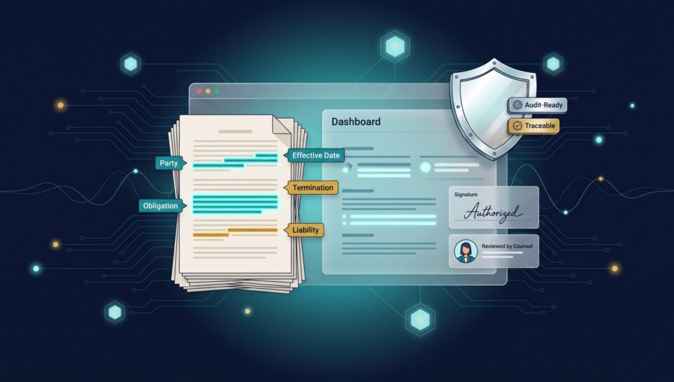 Legal document with annotated clauses (parties, dates, obligations) and audit-ready compliance shield