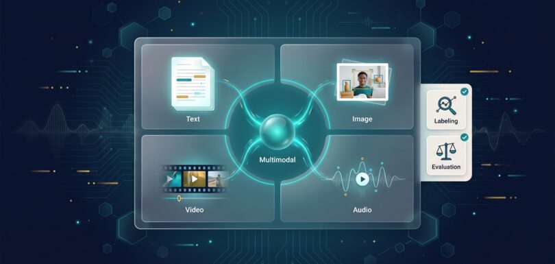 Multimodal fusion diagram connecting text, image, video, audio samples through a central labeling and evaluation node