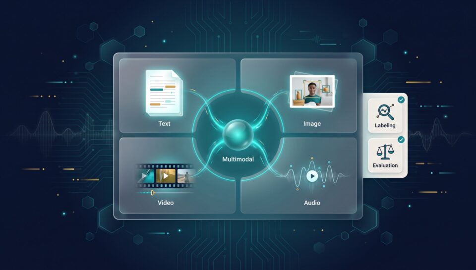 Multimodal fusion diagram connecting text, image, video, audio samples through a central labeling and evaluation node
