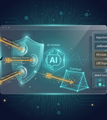 AI red teaming diagram with malicious prompts being deflected by defense shield and guardrail trap