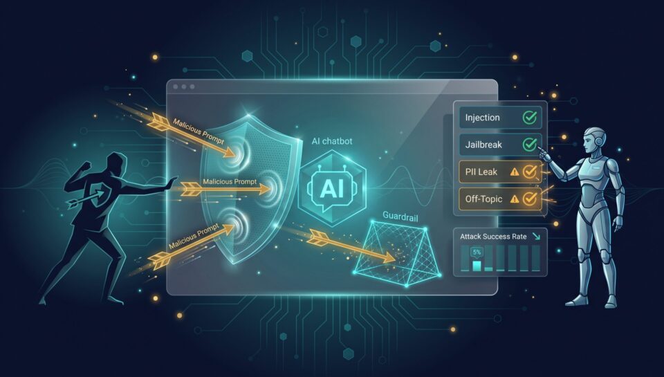 AI red teaming diagram with malicious prompts being deflected by defense shield and guardrail trap