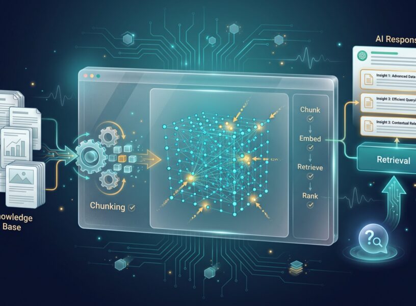 RAG Data Services: Preparing Data for Retrieval AI RAG data pipeline showing knowledge base chunking, vector embedding cluster, and retrieval query flow