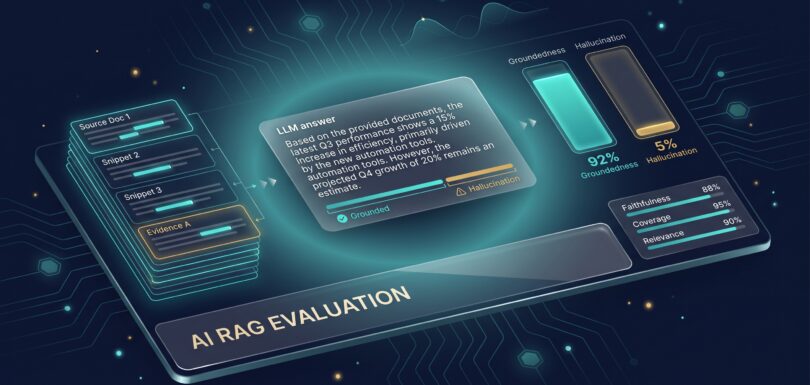 RAG evaluation dashboard measuring groundedness and hallucination in AI answers