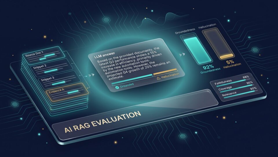 RAG evaluation dashboard measuring groundedness and hallucination in AI answers