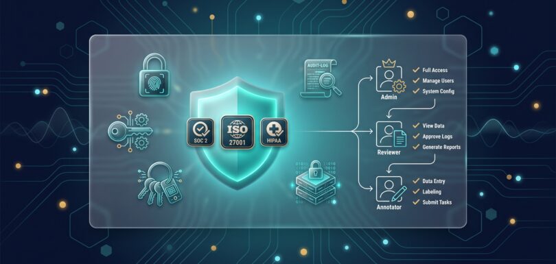 Security shield with SOC 2, ISO 27001, and HIPAA badges plus access control diagram