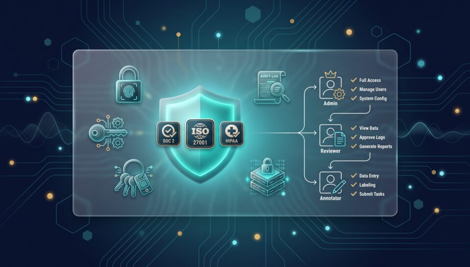 Security shield with SOC 2, ISO 27001, and HIPAA badges plus access control diagram