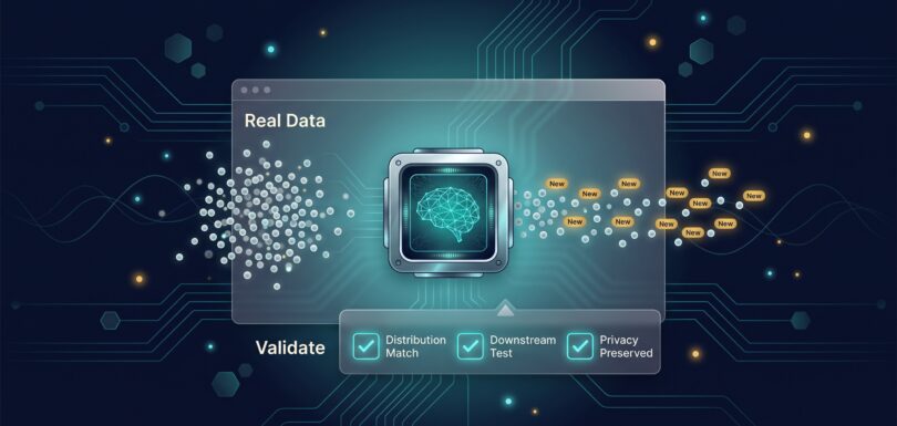Synthetic data pipeline showing real data samples, a generator producing synthetic samples, and a validation gate