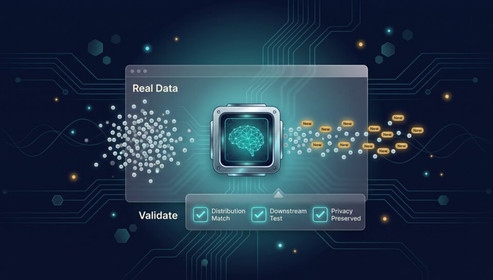 Synthetic data pipeline showing real data samples, a generator producing synthetic samples, and a validation gate