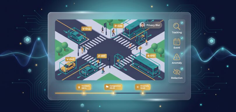 Smart city surveillance view with tracked vehicles and pedestrians in bounding boxes and event timeline