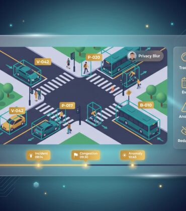 Smart city surveillance view with tracked vehicles and pedestrians in bounding boxes and event timeline