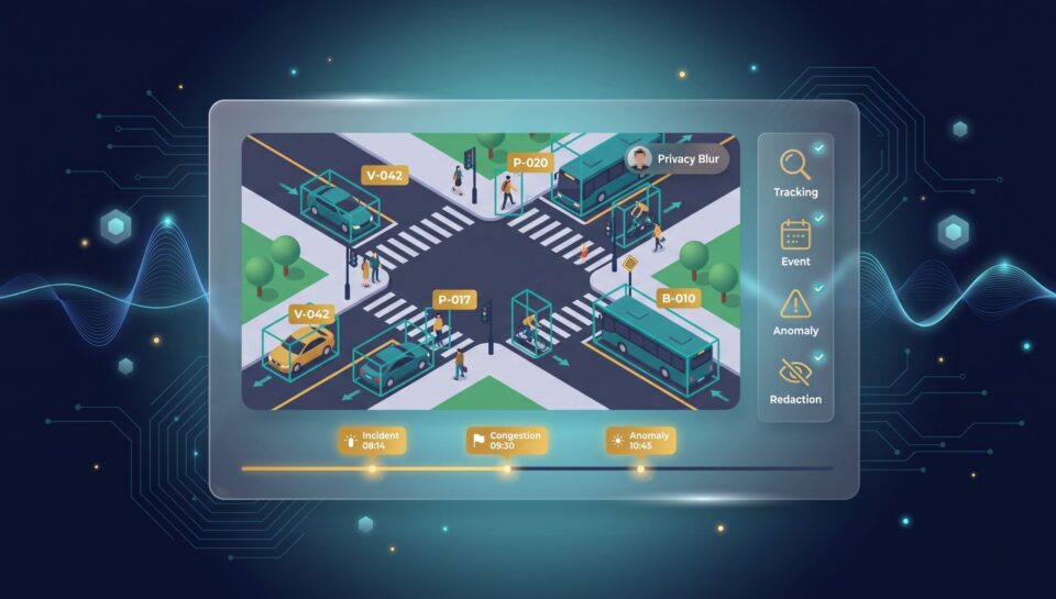 Smart city surveillance view with tracked vehicles and pedestrians in bounding boxes and event timeline