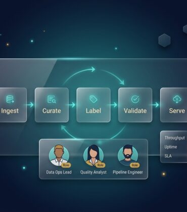 Continuous data operations pipeline: ingest, curate, label, validate, serve; with a standing team panel