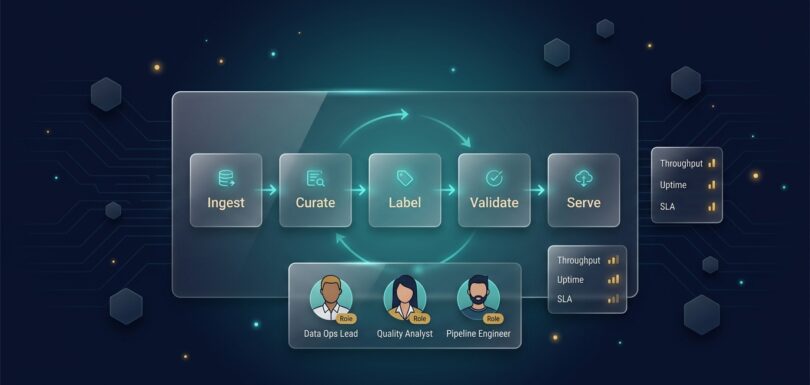 Continuous data operations pipeline: ingest, curate, label, validate, serve; with a standing team panel