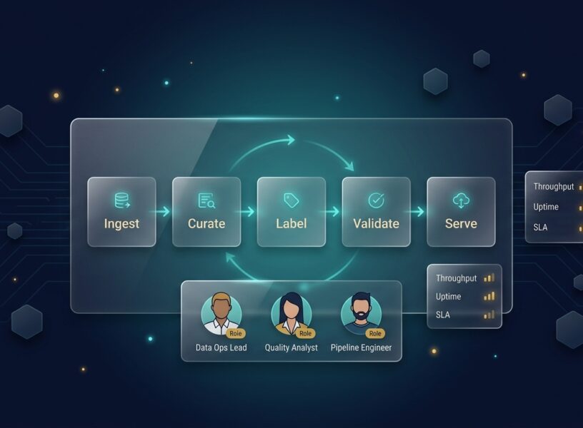 Continuous data operations pipeline: ingest, curate, label, validate, serve; with a standing team panel