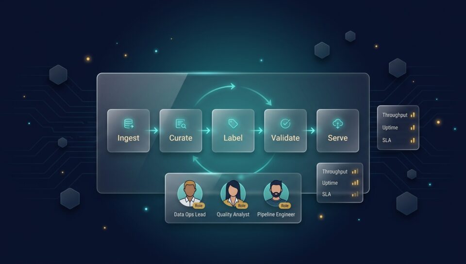 Continuous data operations pipeline: ingest, curate, label, validate, serve; with a standing team panel