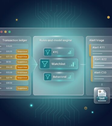AML operations dashboard with transaction ledger, KYC and watchlist filters, alert triage panel, and SAR filing