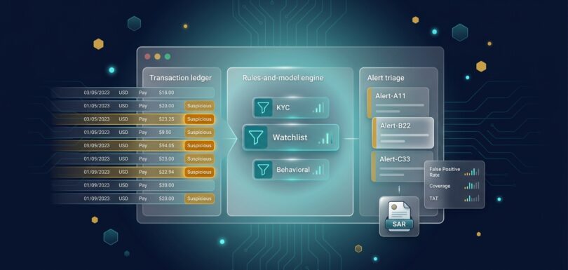 AML operations dashboard with transaction ledger, KYC and watchlist filters, alert triage panel, and SAR filing