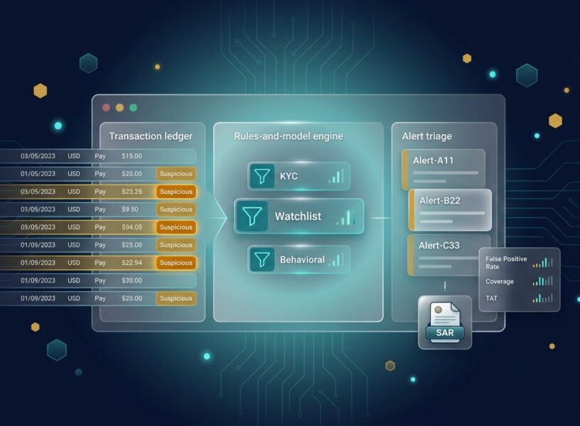 AML operations dashboard with transaction ledger, KYC and watchlist filters, alert triage panel, and SAR filing