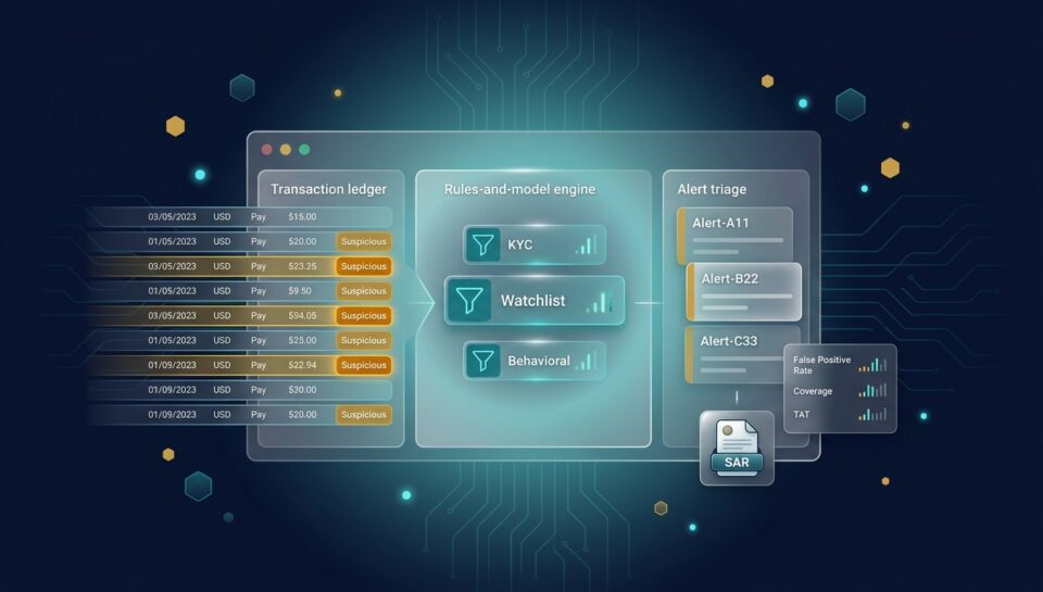 AML operations dashboard with transaction ledger, KYC and watchlist filters, alert triage panel, and SAR filing