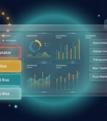 EU AI Act four-tier risk classification with compliance checklist covering documentation, oversight, transparency, and monitoring