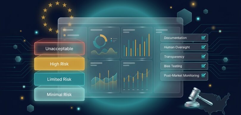 EU AI Act four-tier risk classification with compliance checklist covering documentation, oversight, transparency, and monitoring