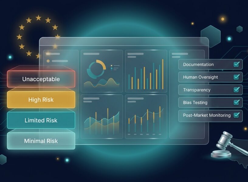 EU AI Act four-tier risk classification with compliance checklist covering documentation, oversight, transparency, and monitoring