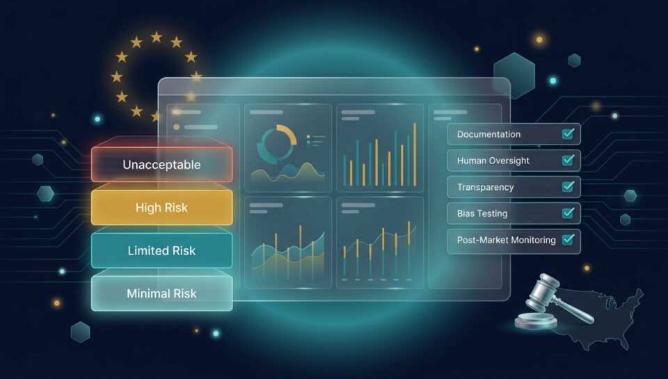 EU AI Act four-tier risk classification with compliance checklist covering documentation, oversight, transparency, and monitoring