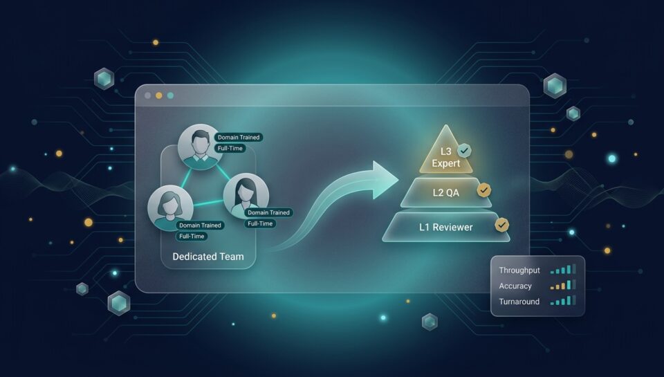 Annotation team pod with three annotator avatars and a three-tier reviewer pyramid (L1, L2, L3) plus throughput metrics