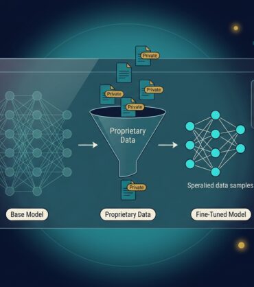 Base model receiving proprietary data through a curation funnel producing a fine-tuned specialized model with evaluation scores