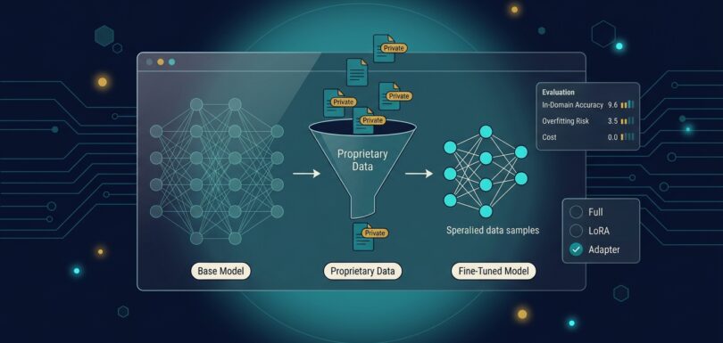 Base model receiving proprietary data through a curation funnel producing a fine-tuned specialized model with evaluation scores