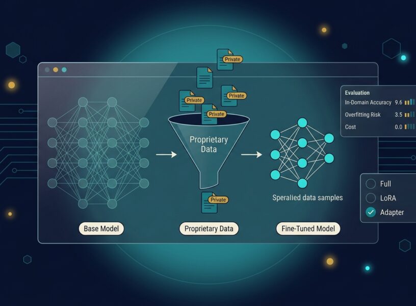 Base model receiving proprietary data through a curation funnel producing a fine-tuned specialized model with evaluation scores