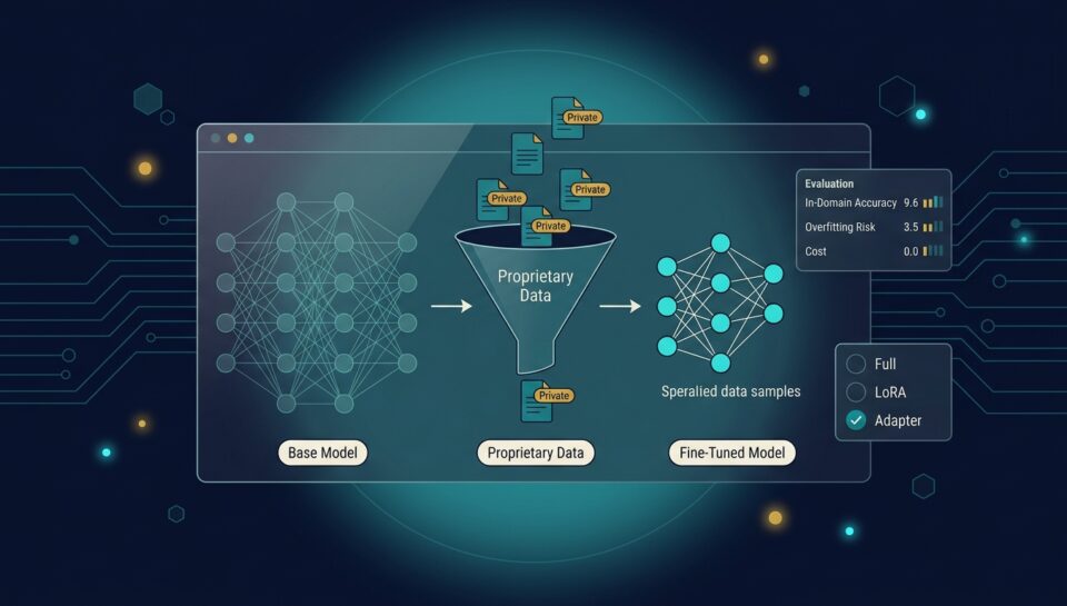 Base model receiving proprietary data through a curation funnel producing a fine-tuned specialized model with evaluation scores