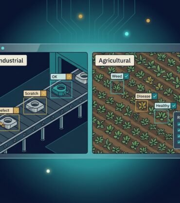 Split panel: factory conveyor with defect bounding boxes on one side and crop field with weed and disease boxes on the other