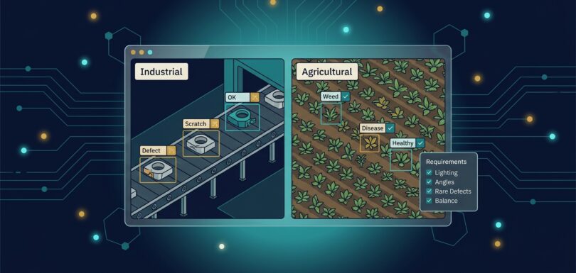Split panel: factory conveyor with defect bounding boxes on one side and crop field with weed and disease boxes on the other