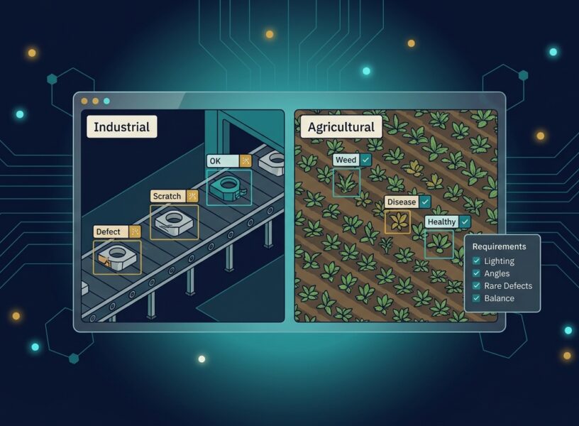 Split panel: factory conveyor with defect bounding boxes on one side and crop field with weed and disease boxes on the other