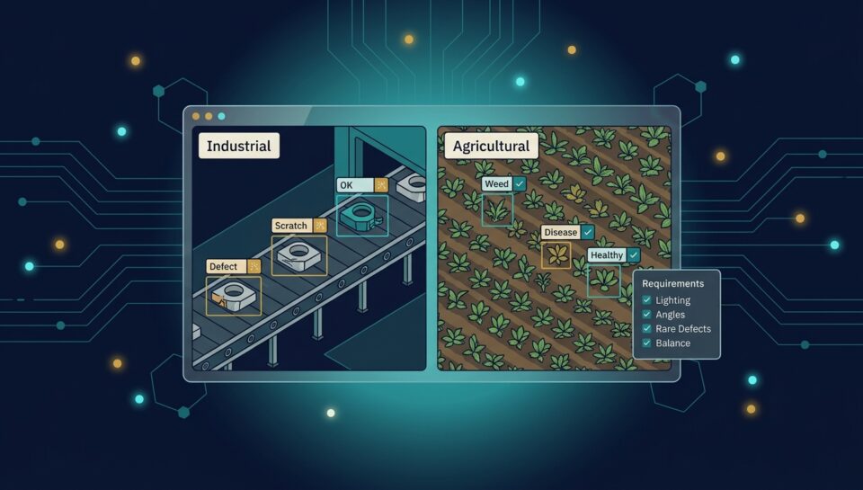 Split panel: factory conveyor with defect bounding boxes on one side and crop field with weed and disease boxes on the other