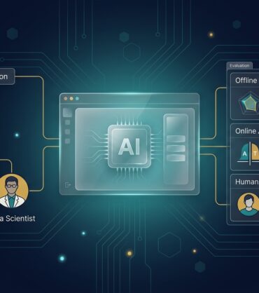 Independent internal AI evaluation team with a three-layer framework: offline benchmarks, online A/B tests, human review