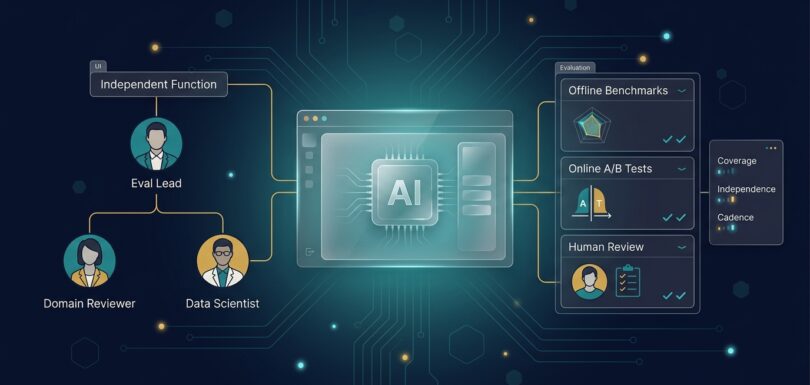 Independent internal AI evaluation team with a three-layer framework: offline benchmarks, online A/B tests, human review