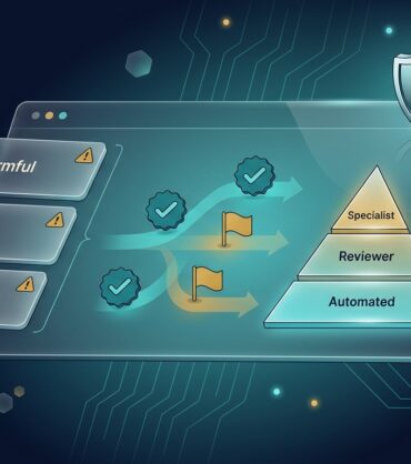 Trust and safety operations dashboard: flagged content queue, policy filter engine, and escalation tier pyramid