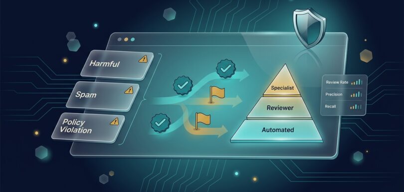 Trust and safety operations dashboard: flagged content queue, policy filter engine, and escalation tier pyramid