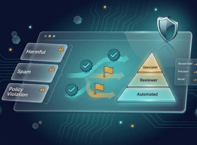 Trust and safety operations dashboard: flagged content queue, policy filter engine, and escalation tier pyramid