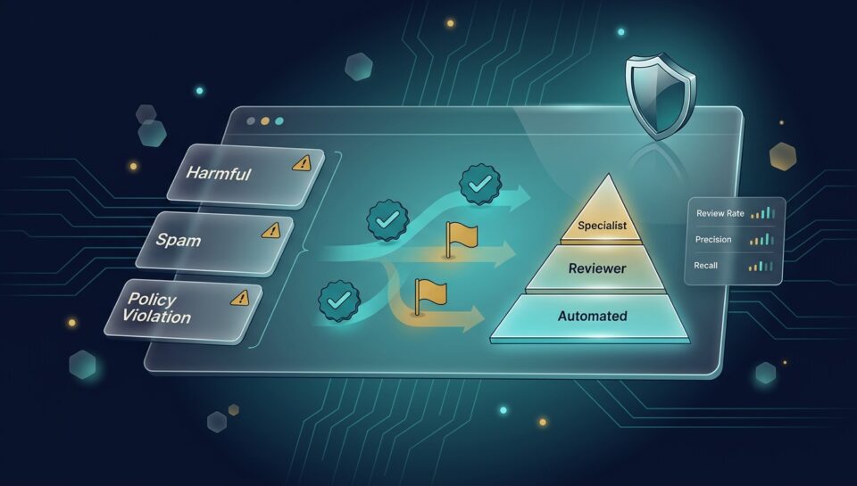 Trust and safety operations dashboard: flagged content queue, policy filter engine, and escalation tier pyramid